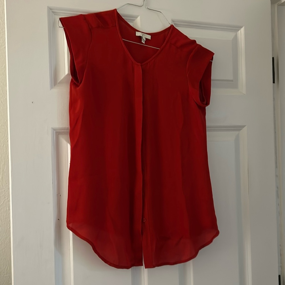 Red silk button down cap sleeve tee